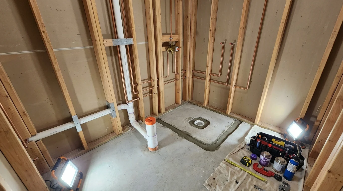 Bathroom rough-in plumbing during remodel by Johns Plumbing LLC in Drexel Hill