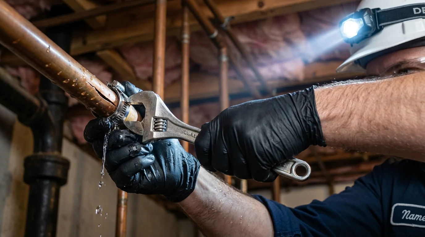 Emergency pipe clamp repair being performed by a Johns Plumbing LLC plumber in Drexel Hill