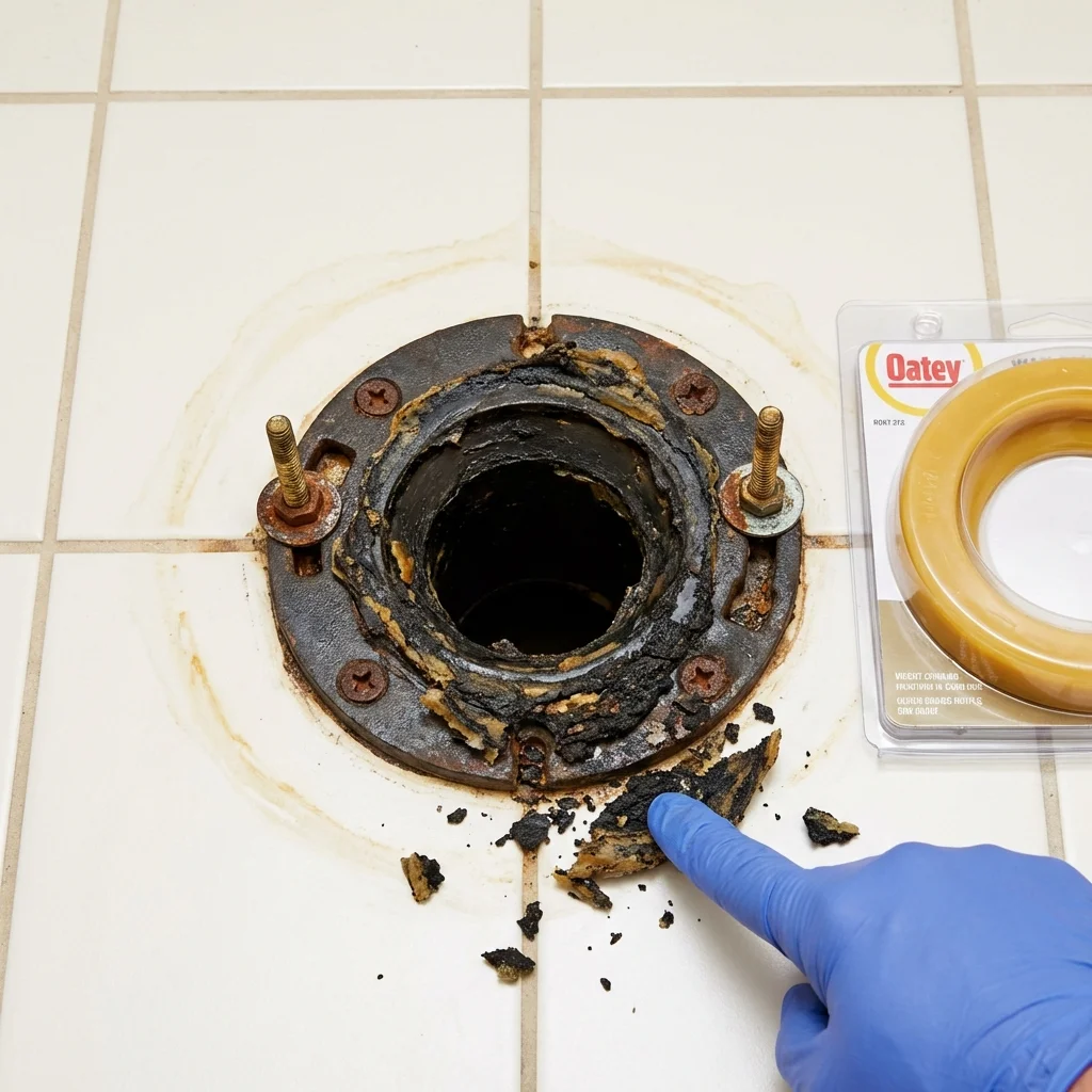 Failed wax ring showing water seepage at the base of a toilet in a Drexel Hill, PA home