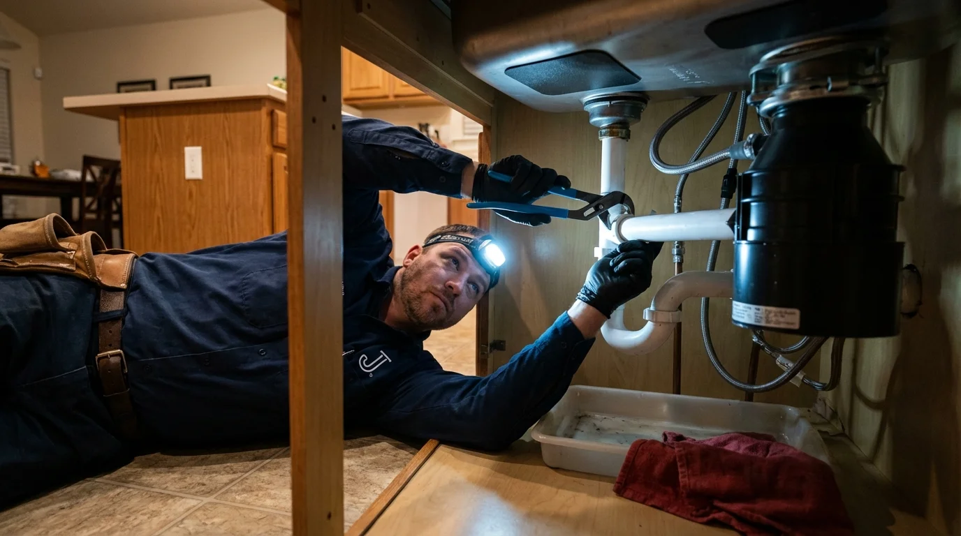 P-trap and supply line connections under a kitchen sink showing a common leak point in Drexel Hill, PA